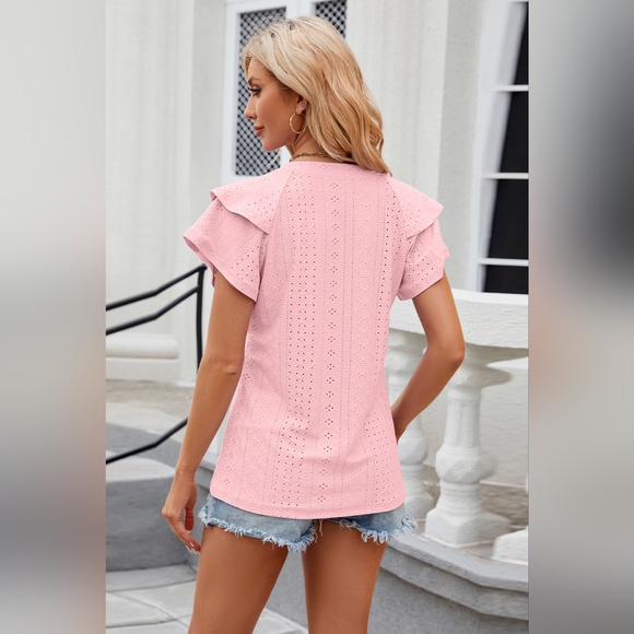 Eyelet Notched Short Sleeve T-Shirt - Picture 4 of 5